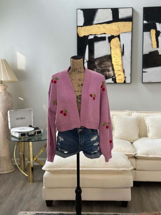 Forever 21 Sweaters - Forever 21 Plus Size Pink Cherry Embroidered Open-Front Cropped Knit Cardigan